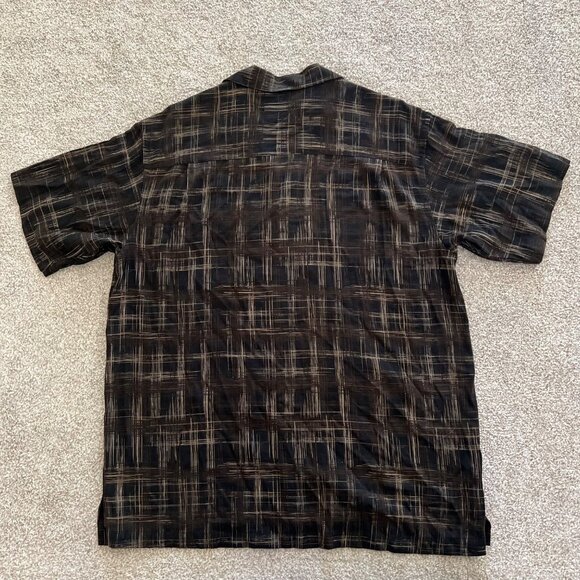 Geoffrey Beene washable silk crisscross plaid pattern black & brown button up - Picture 3 of 7